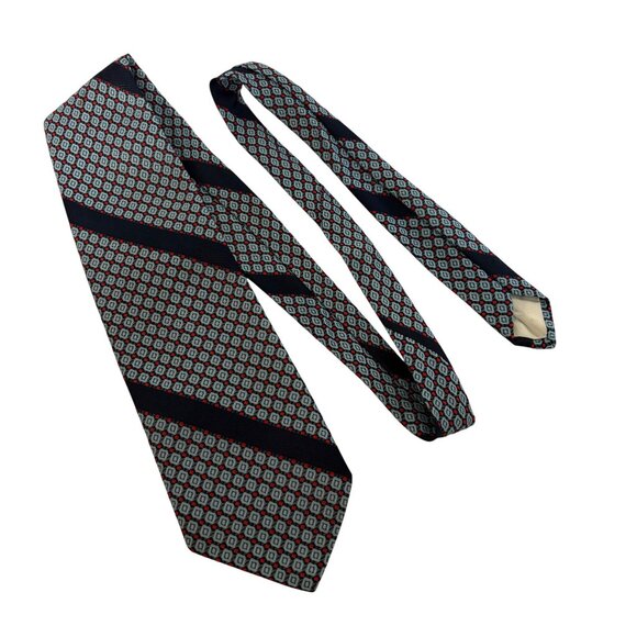 Vintage Monsieur Cravatieur Geometric Tie Blue Red Poly Blend Mens Necktie Offic - Picture 2 of 7